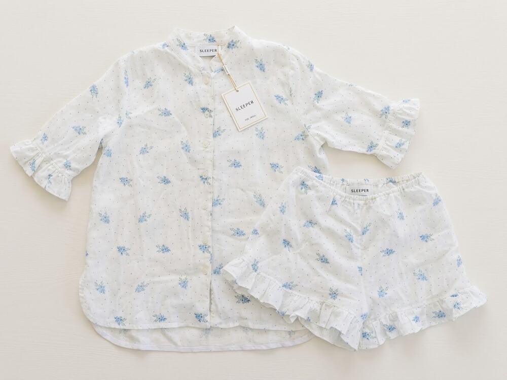 Sleeper Linen Blue Floral Ruffle Lounge Pajama Shorts Set Cottagecore  prairie